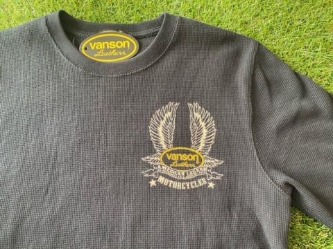 VANSON Flying Wings&オーバルロゴ サーマル6分袖Tシャツ  BLK